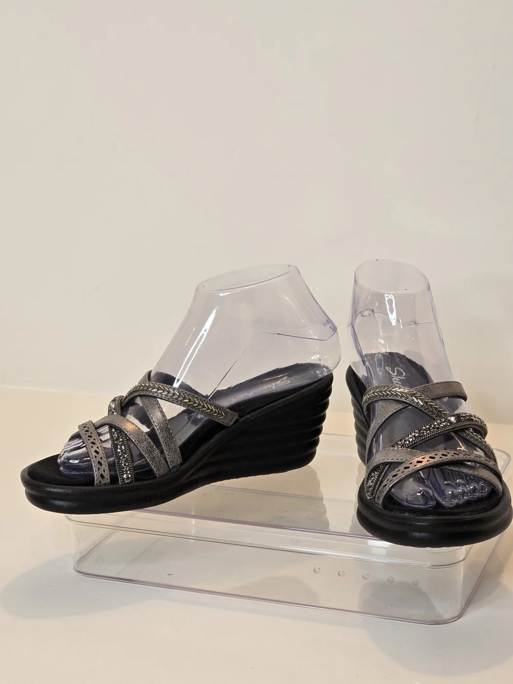 Skechers Silver Metallic Strappy Wedge Slides Sz 6